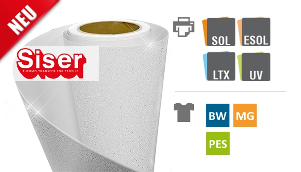 Siser SPARKLEPRINT, 190 µ, weiß mit Glitter, 0,5 x 1 m, bedruckbare PU-Flexfolie für Latex- / UV- / Eco- / Solvent-Tinte