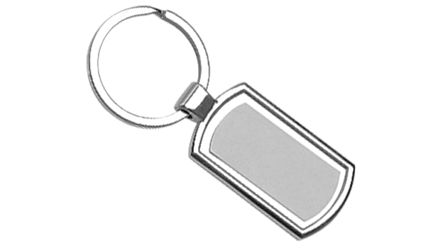 Schlüsselanhänger rechteckig, für den Sublimationsdruck, bestehend aus Metallfassung und bedruckbarer Metalplatte